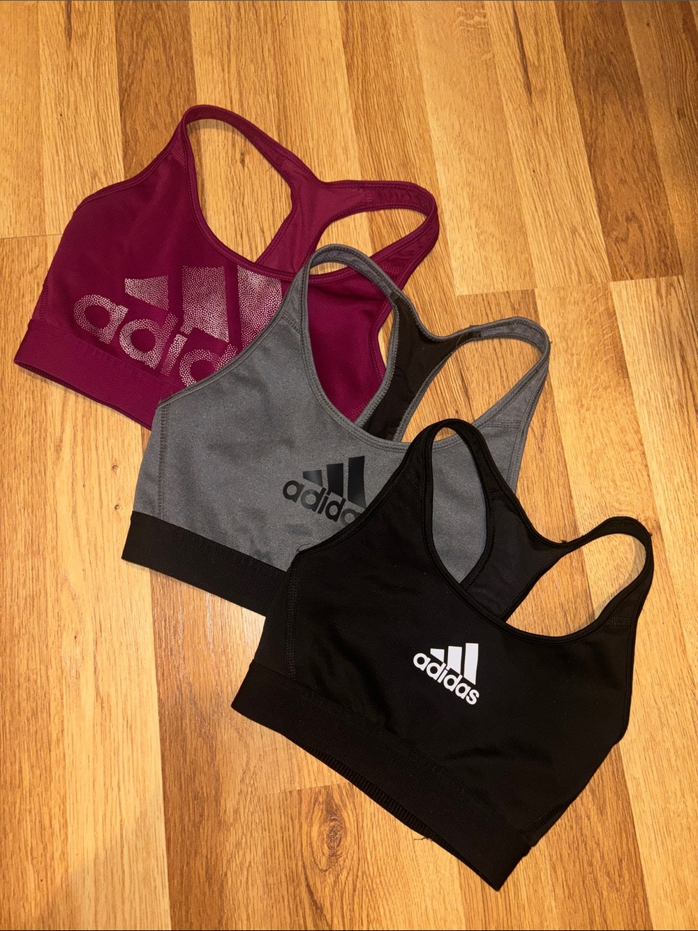 adidas 3-Pack Racerback Sports Bras - Black, Gray, Burgundy